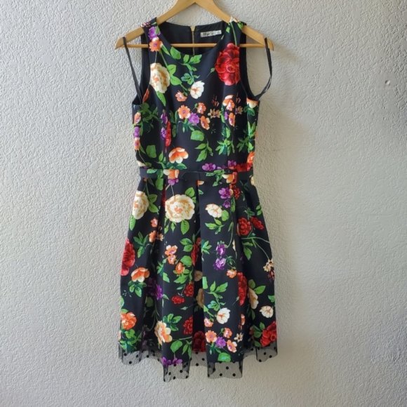 Eliza J black floral belted lace trim plea…